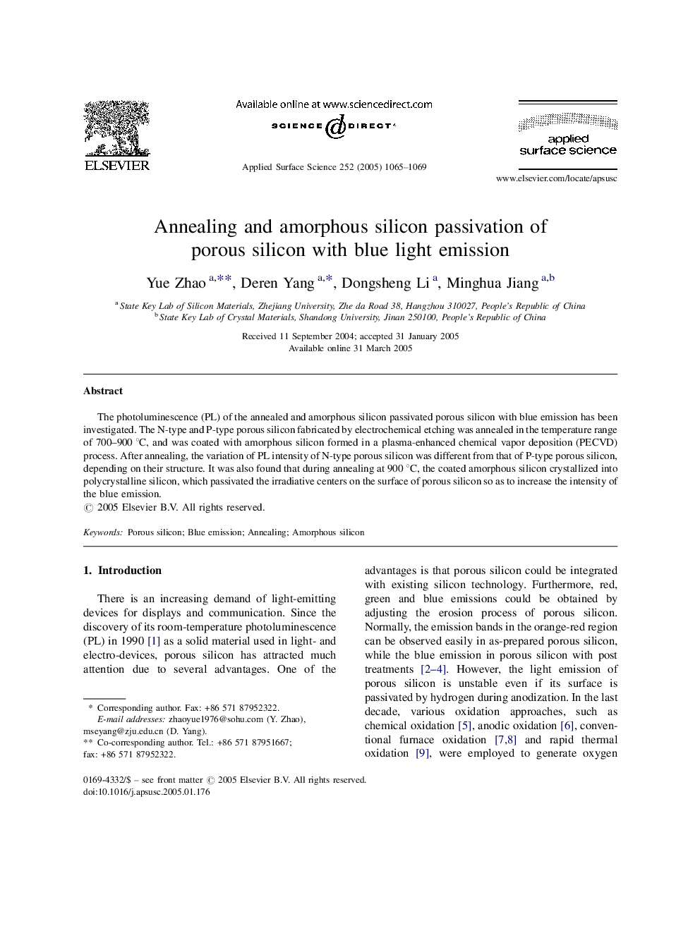 Annealing and amorphous silicon passivation of porous silicon with blue light emission