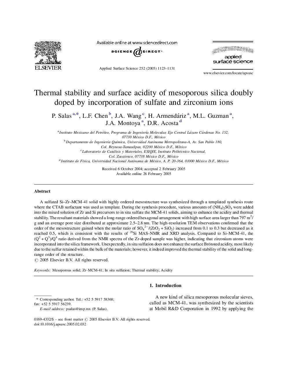 Thermal stability and surface acidity of mesoporous silica doubly doped by incorporation of sulfate and zirconium ions