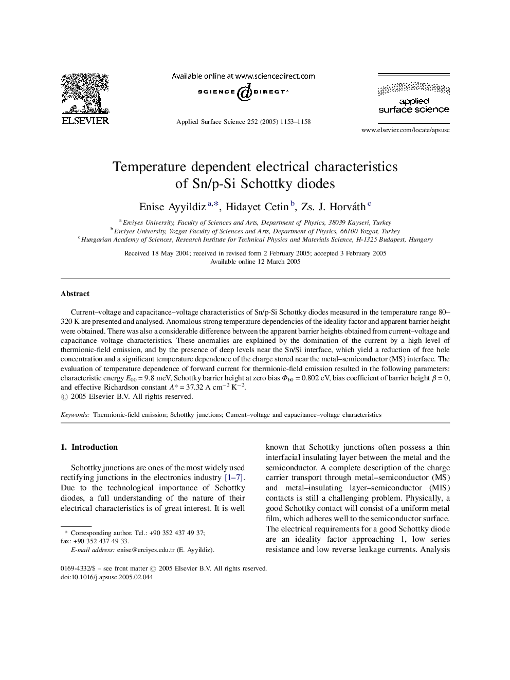 Temperature dependent electrical characteristics of Sn/p-Si Schottky diodes