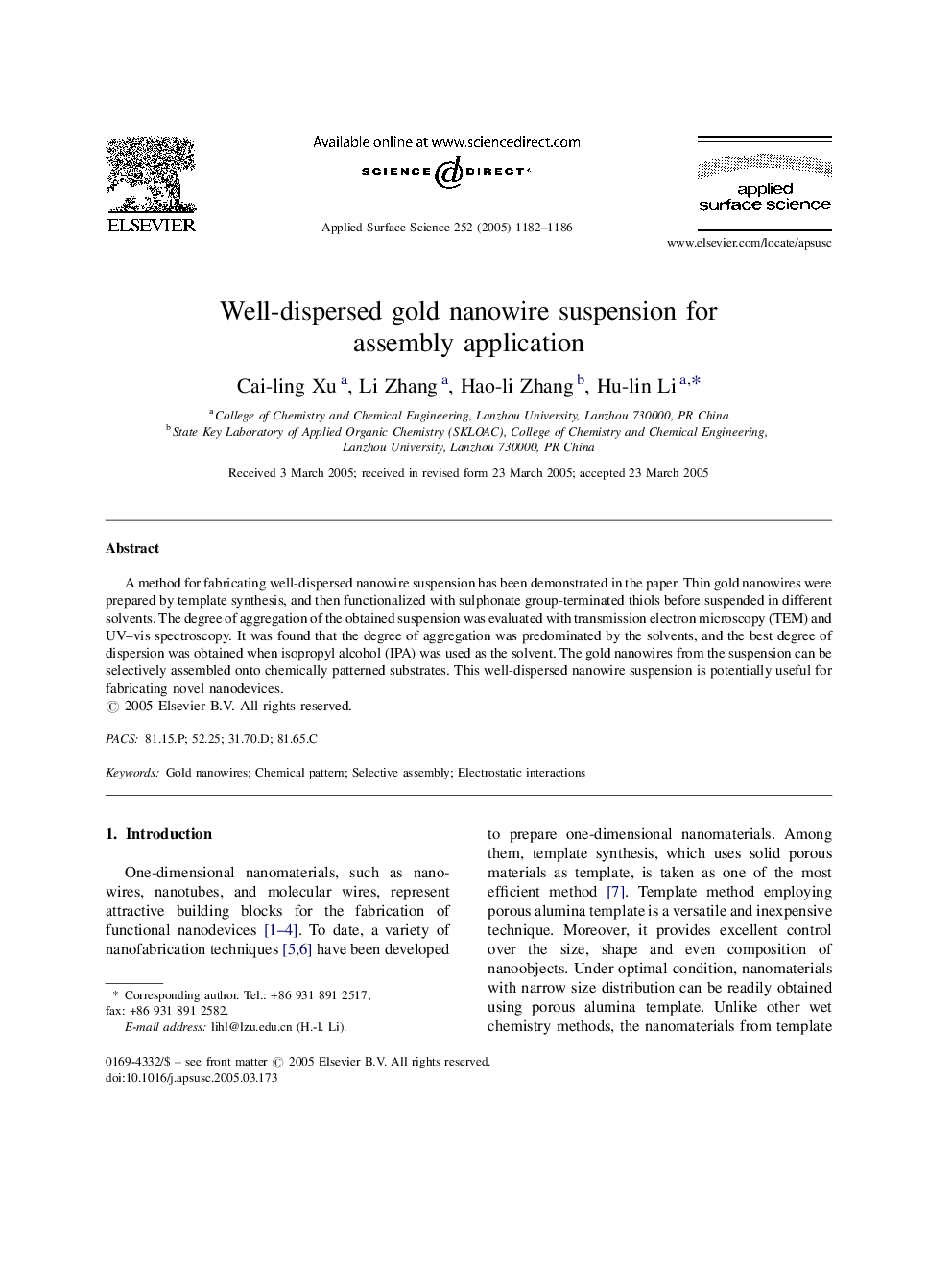 Well-dispersed gold nanowire suspension for assembly application