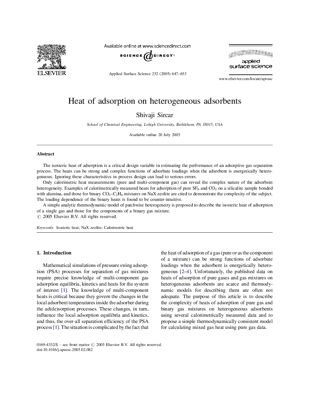 Heat of adsorption on heterogeneous adsorbents