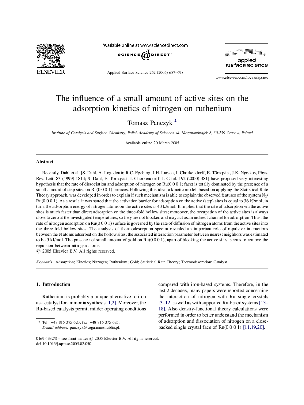 The influence of a small amount of active sites on the adsorption kinetics of nitrogen on ruthenium