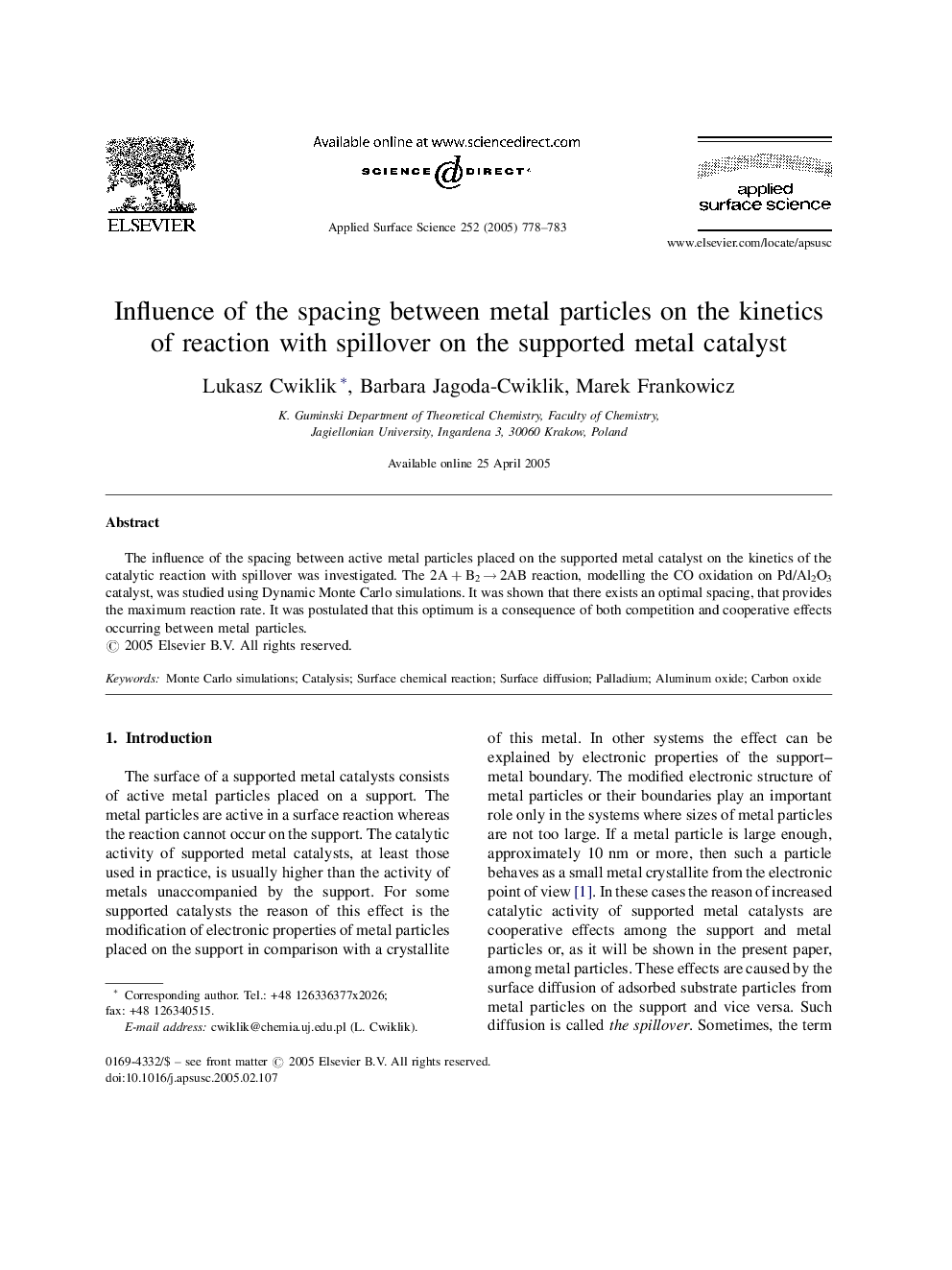 Influence of the spacing between metal particles on the kinetics of reaction with spillover on the supported metal catalyst