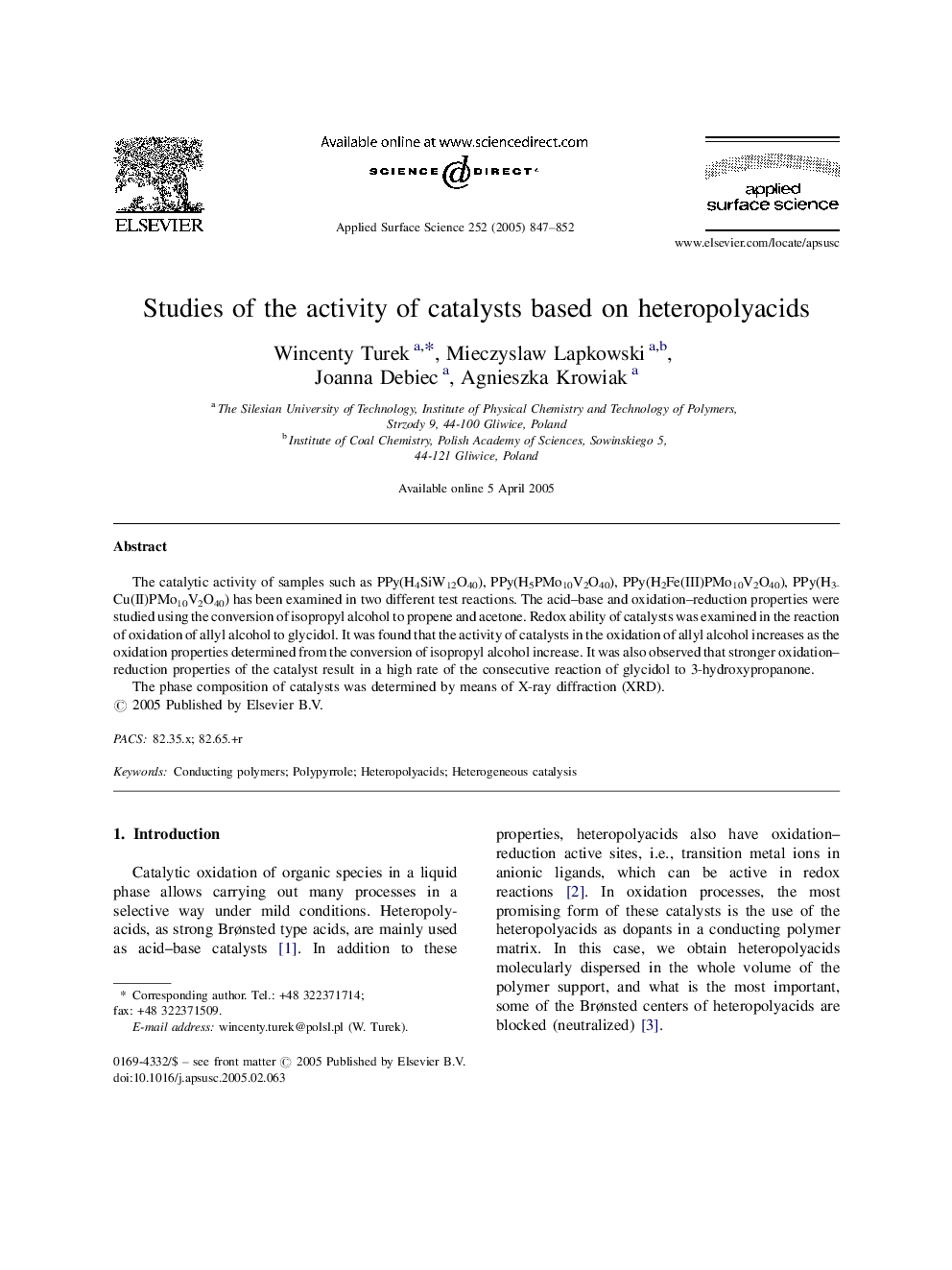 Studies of the activity of catalysts based on heteropolyacids