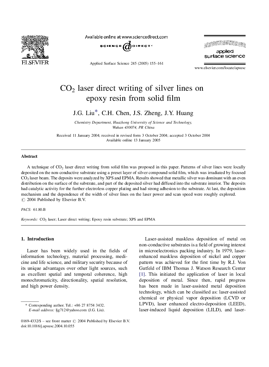 CO2 laser direct writing of silver lines on epoxy resin from solid film