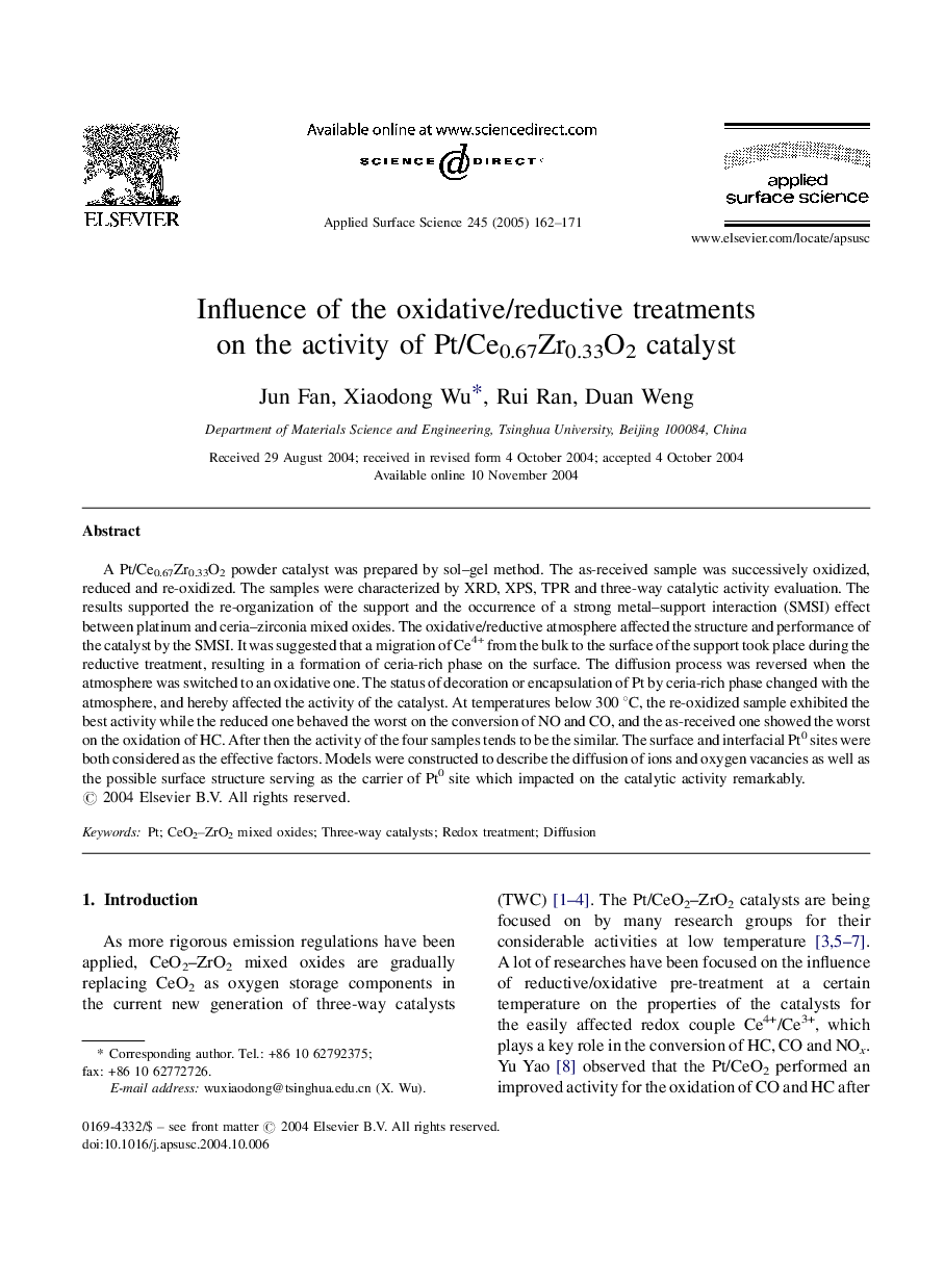 Influence of the oxidative/reductive treatments on the activity of Pt/Ce0.67Zr0.33O2 catalyst