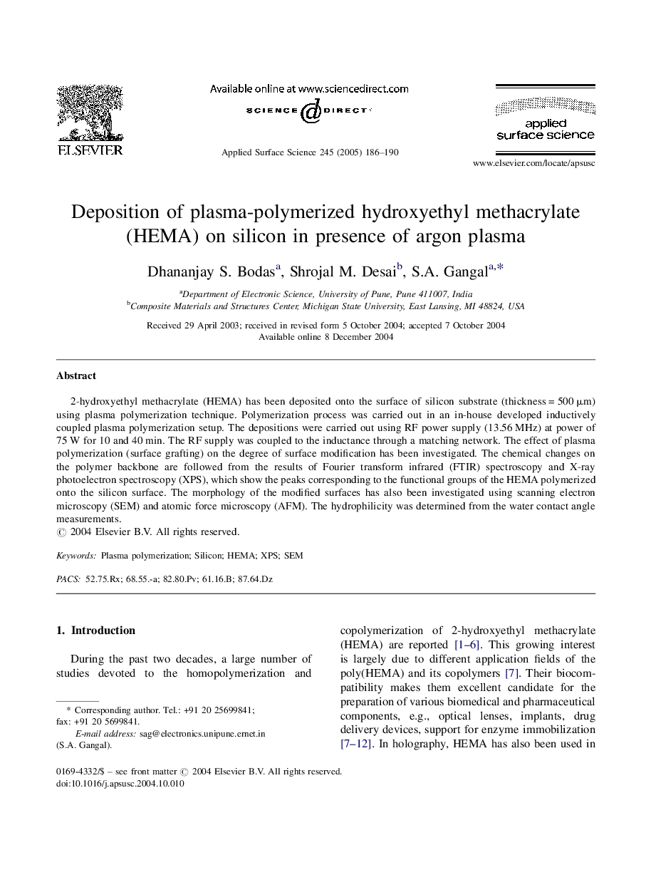 Deposition of plasma-polymerized hydroxyethyl methacrylate (HEMA) on silicon in presence of argon plasma