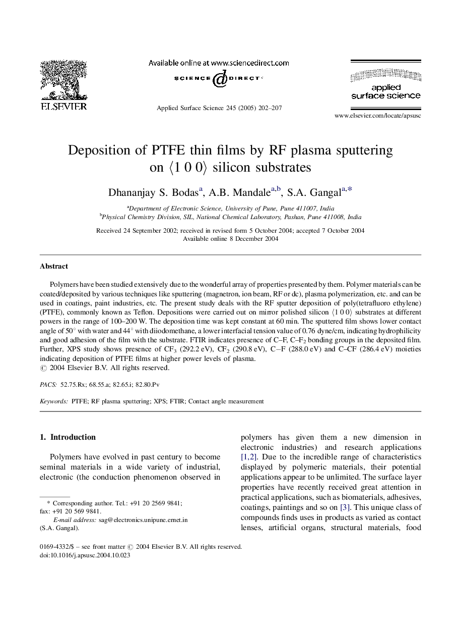 Deposition of PTFE thin films by RF plasma sputtering on ã1Â 0Â 0ã silicon substrates
