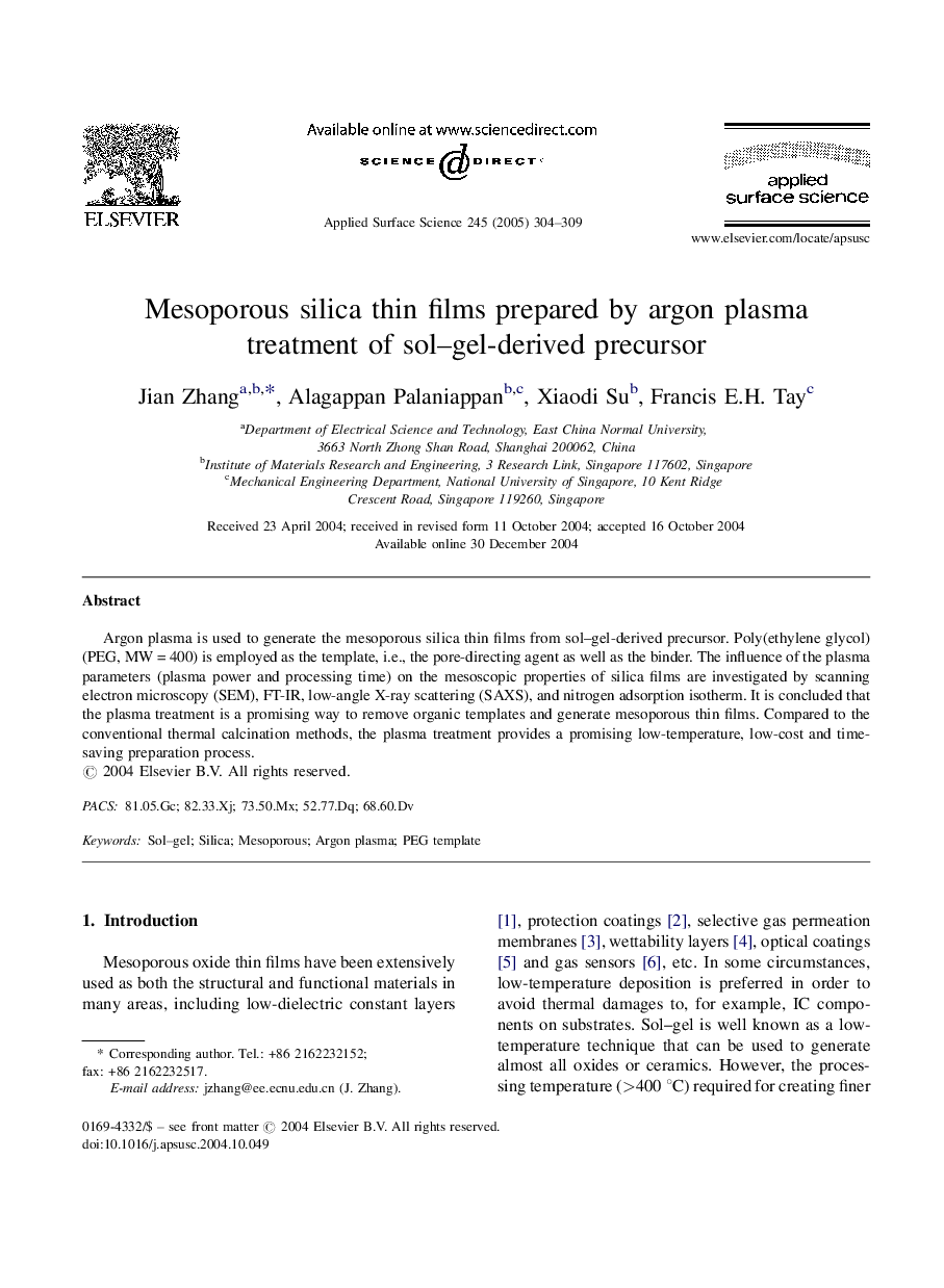 Mesoporous silica thin films prepared by argon plasma treatment of sol-gel-derived precursor