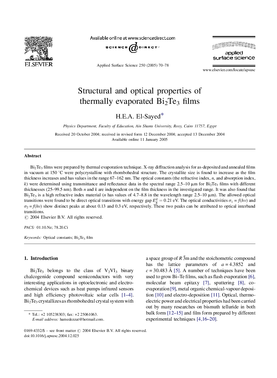 Structural and optical properties of thermally evaporated Bi2Te3 films