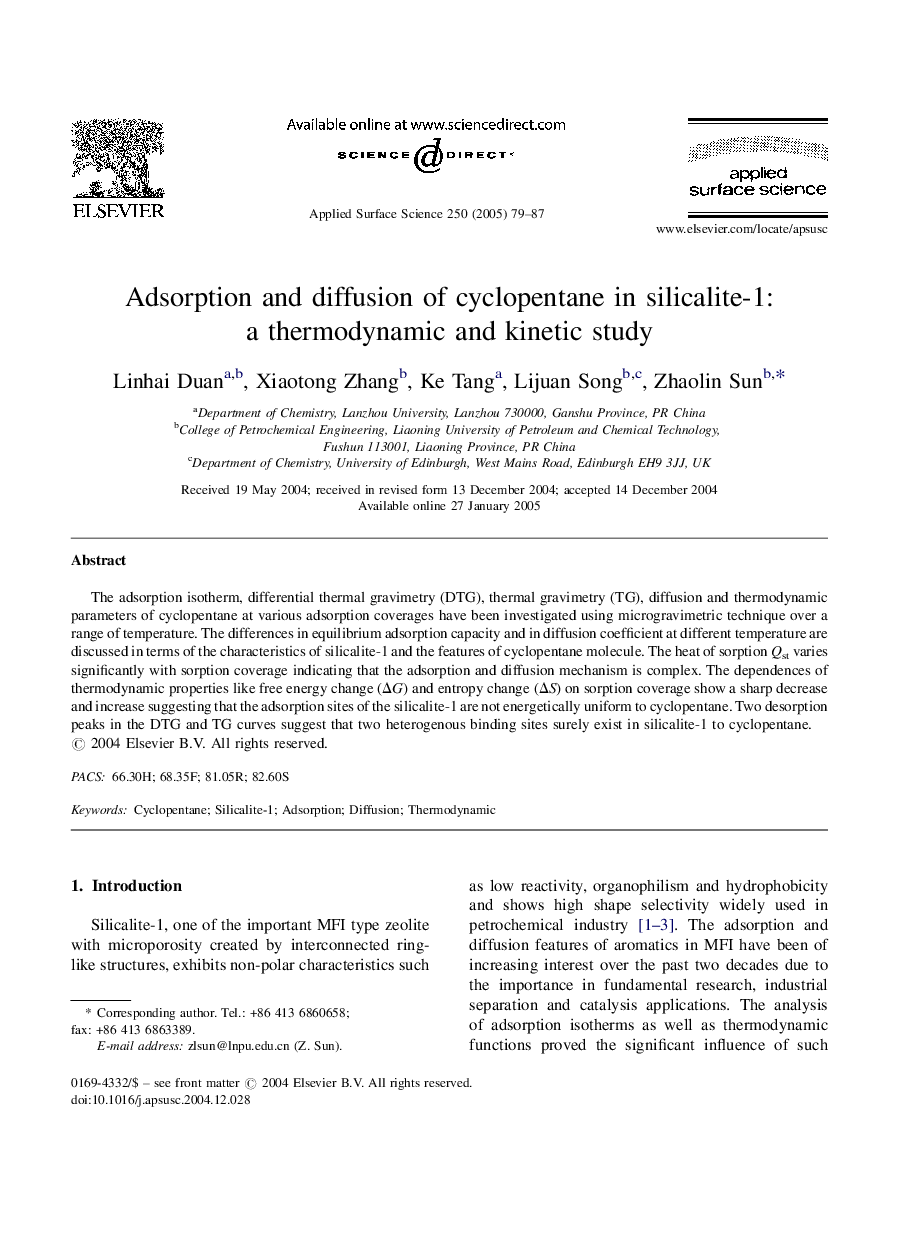 Adsorption and diffusion of cyclopentane in silicalite-1: a thermodynamic and kinetic study