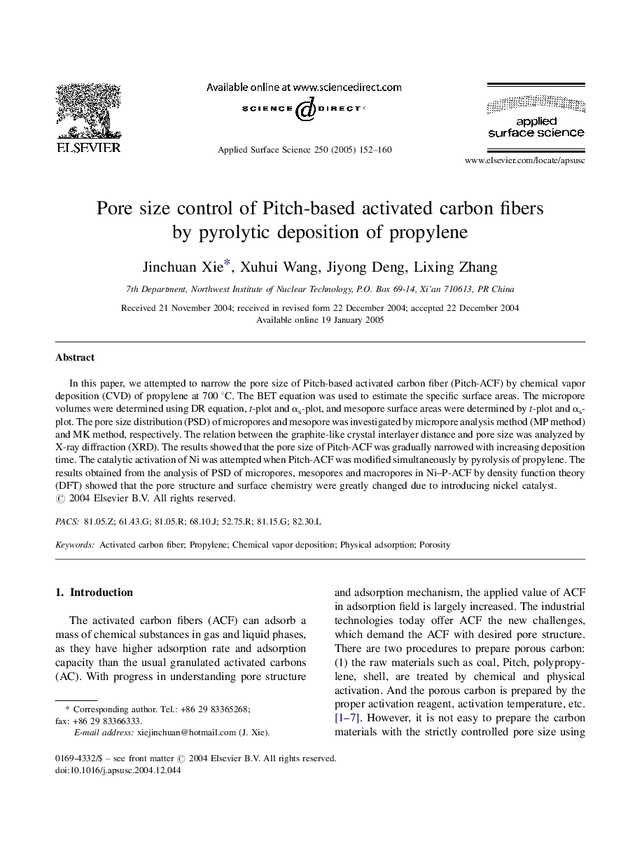 RETRACTED: Pore size control of Pitch-based activated carbon fibers by pyrolytic deposition of propylene