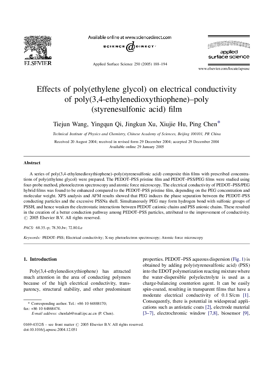 Effects of poly(ethylene glycol) on electrical conductivity of poly(3,4-ethylenedioxythiophene)-poly(styrenesulfonic acid) film