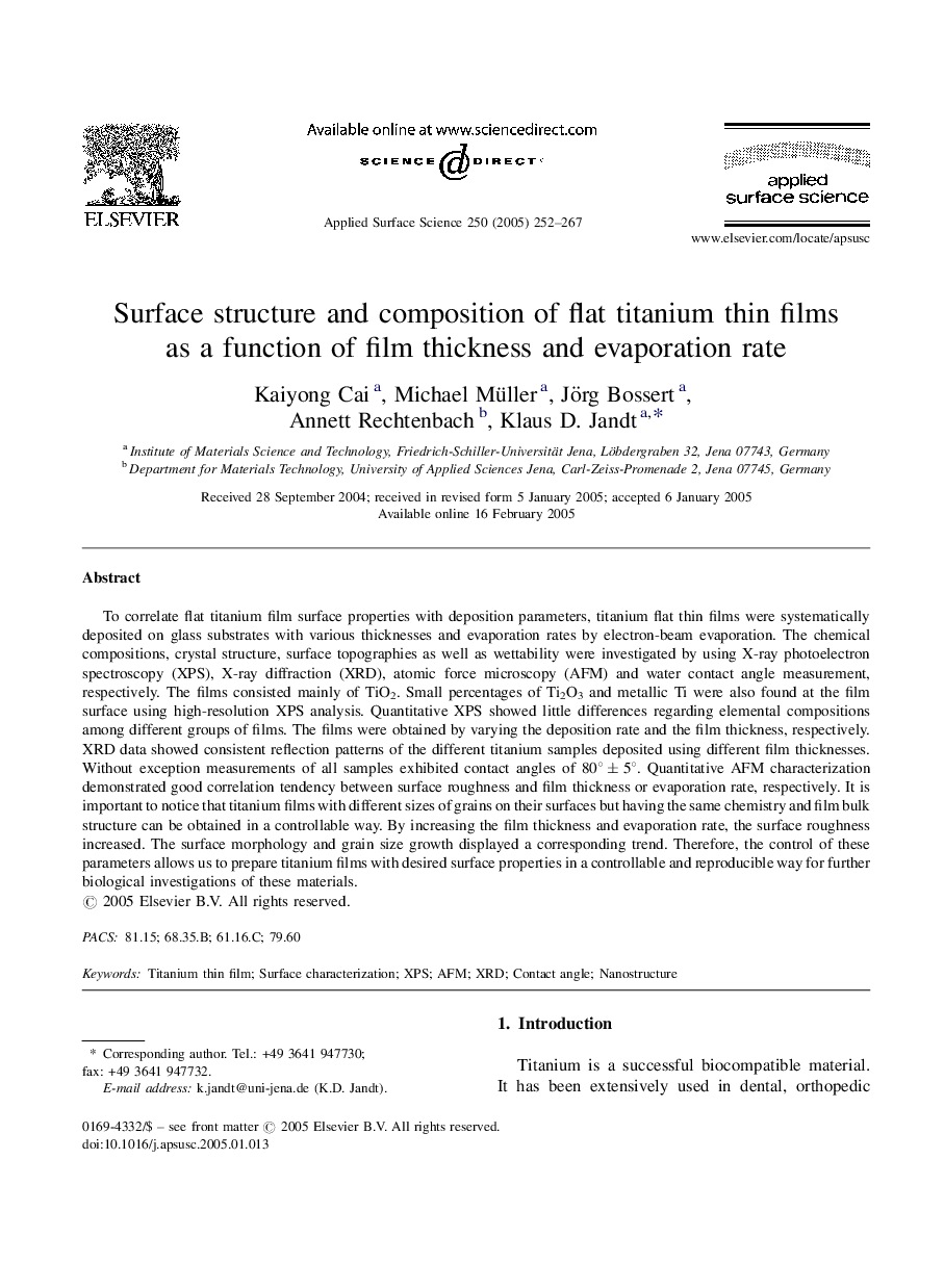 Surface structure and composition of flat titanium thin films as a function of film thickness and evaporation rate