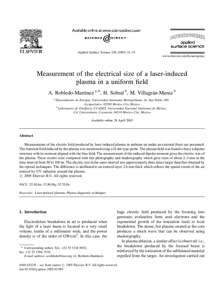 Measurement of the electrical size of a laser-induced plasma in a uniform field