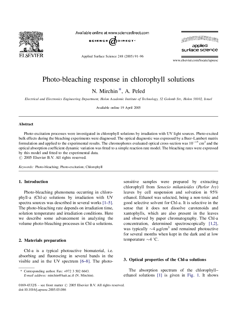 Photo-bleaching response in chlorophyll solutions