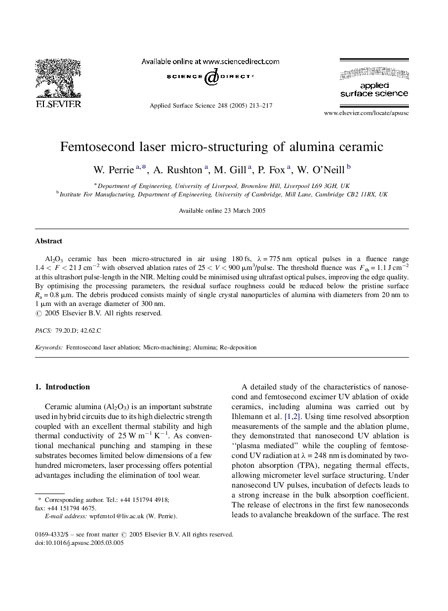 Femtosecond laser micro-structuring of alumina ceramic