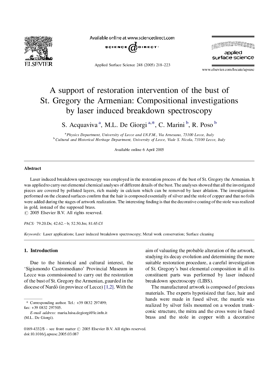 A support of restoration intervention of the bust of St. Gregory the Armenian: Compositional investigations by laser induced breakdown spectroscopy