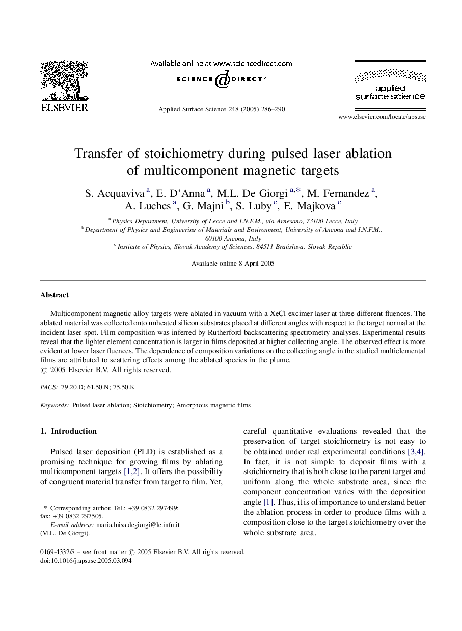 Transfer of stoichiometry during pulsed laser ablation of multicomponent magnetic targets