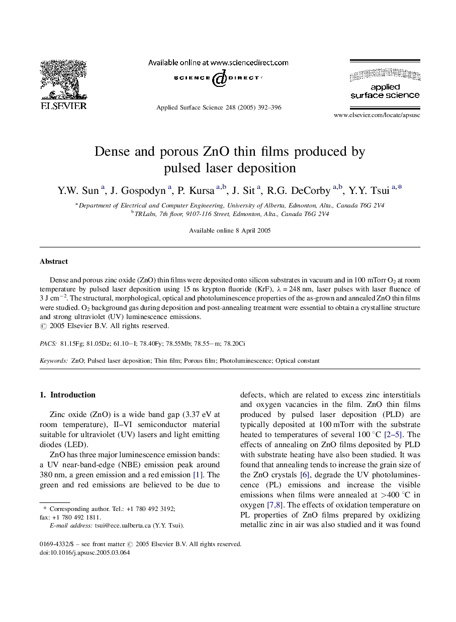 Dense and porous ZnO thin films produced by pulsed laser deposition