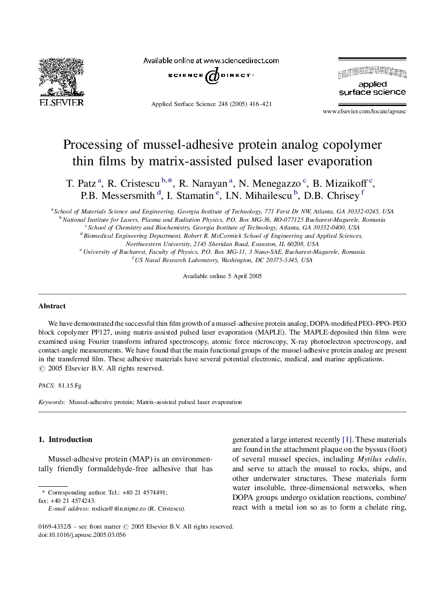 Processing of mussel-adhesive protein analog copolymer thin films by matrix-assisted pulsed laser evaporation