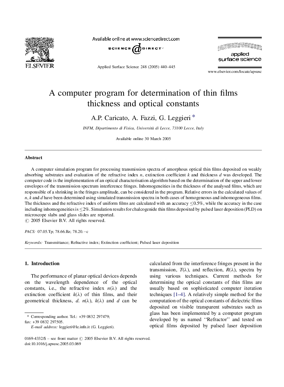 A computer program for determination of thin films thickness and optical constants