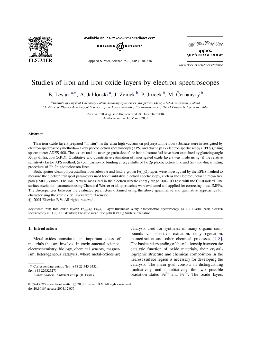 Studies of iron and iron oxide layers by electron spectroscopes