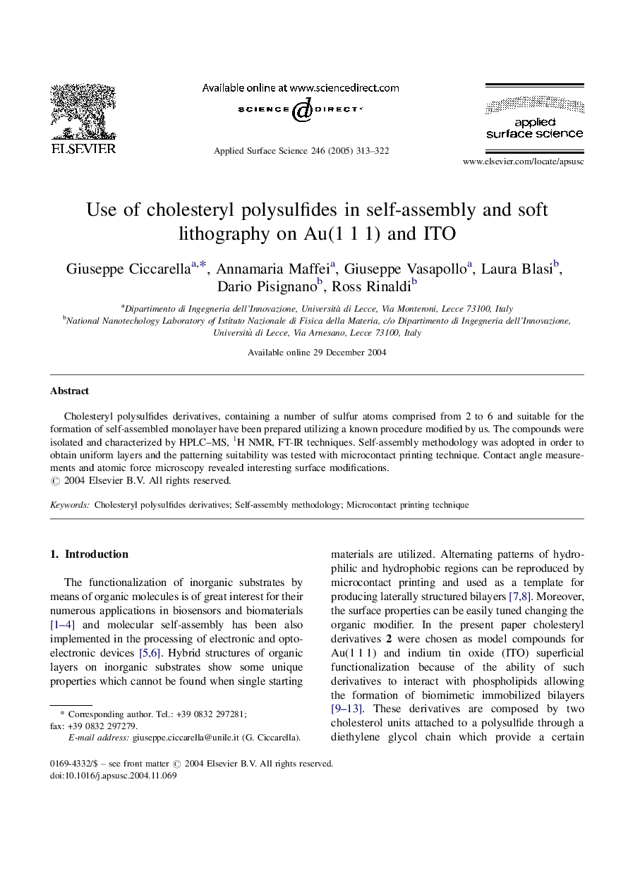 Use of cholesteryl polysulfides in self-assembly and soft lithography on Au(1Â 1Â 1) and ITO