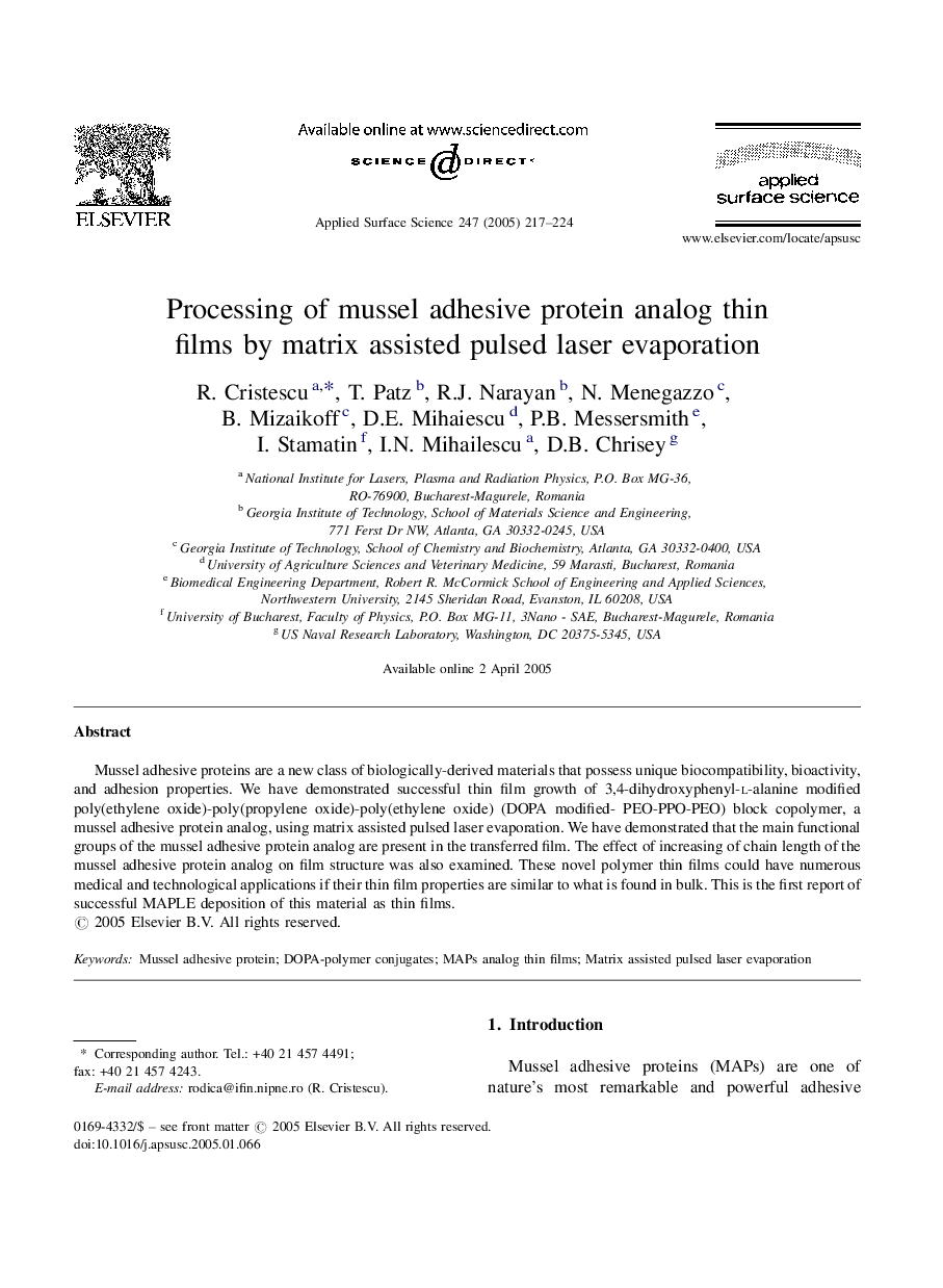 Processing of mussel adhesive protein analog thin films by matrix assisted pulsed laser evaporation