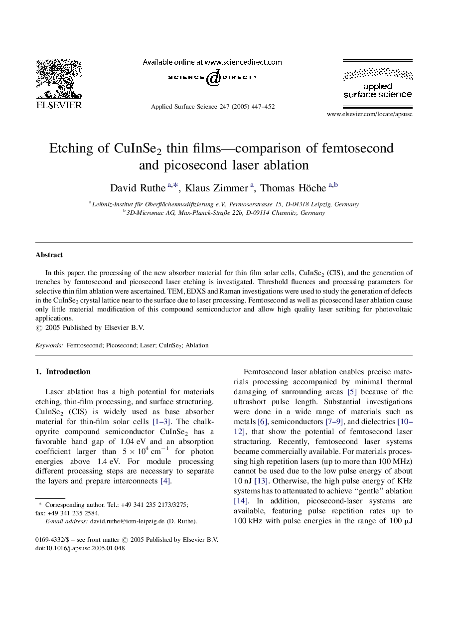 Etching of CuInSe2 thin films-comparison of femtosecond and picosecond laser ablation