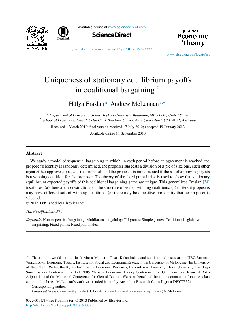 Uniqueness of stationary equilibrium payoffs in coalitional bargaining 