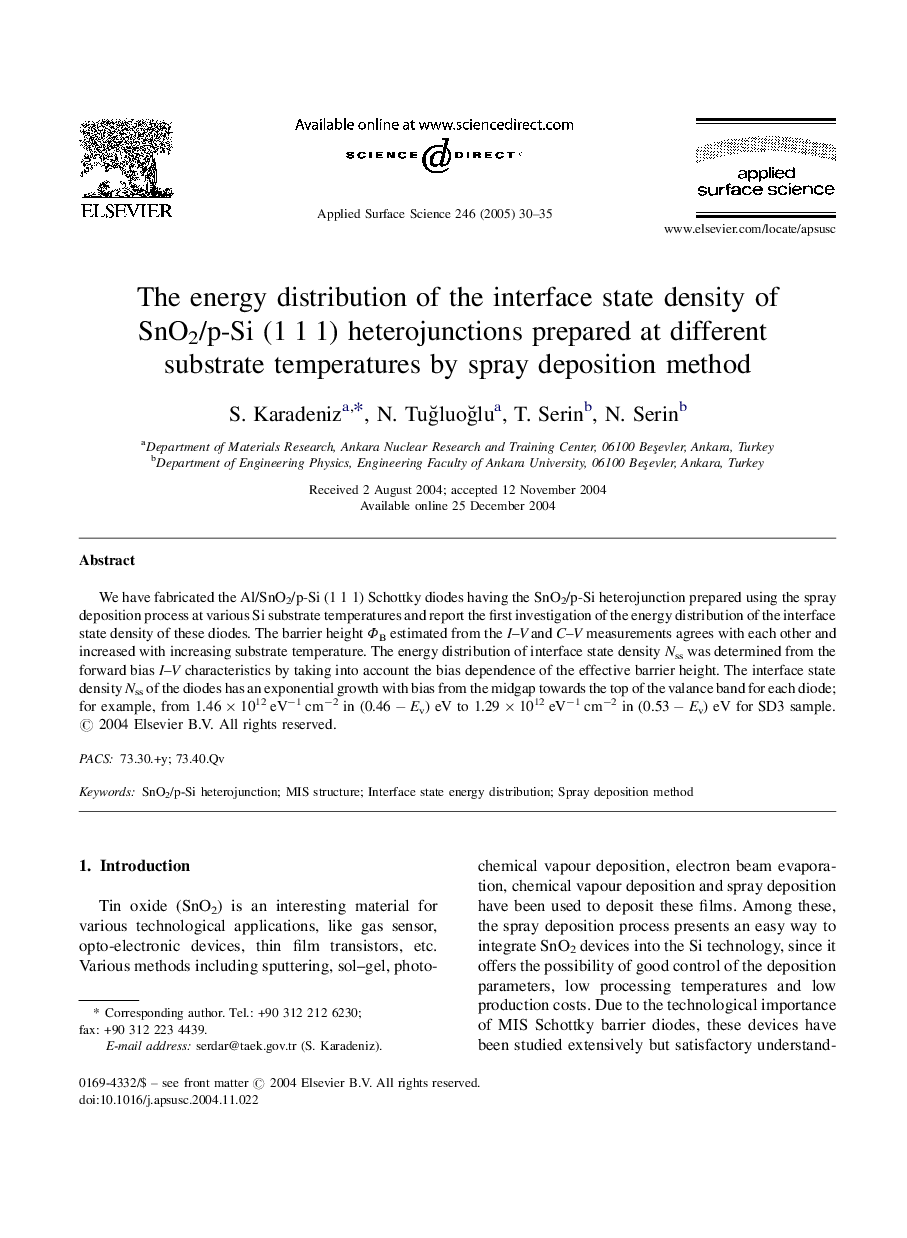 The energy distribution of the interface state density of SnO2/p-Si (1Â 1Â 1) heterojunctions prepared at different substrate temperatures by spray deposition method