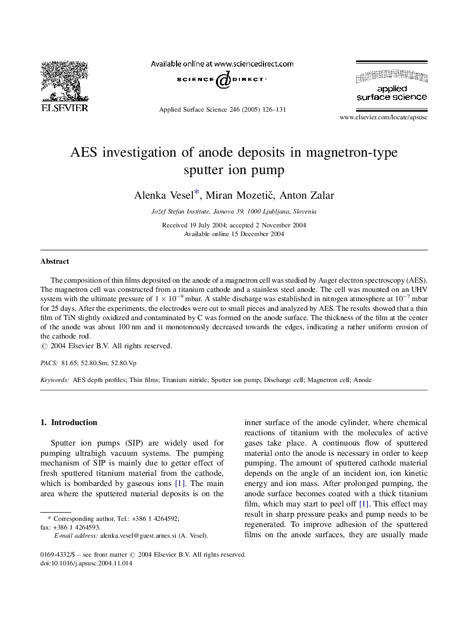 AES investigation of anode deposits in magnetron-type sputter ion pump