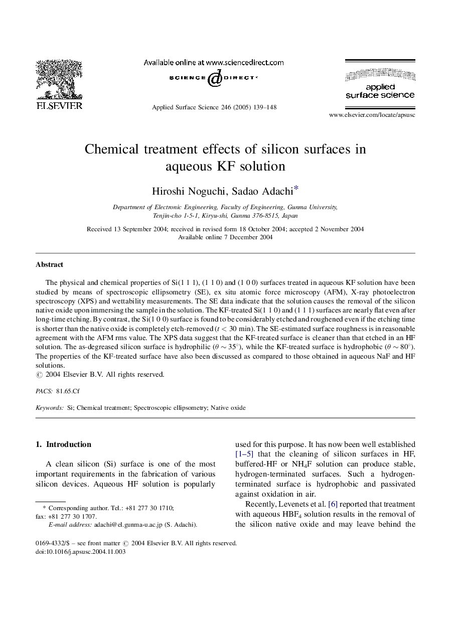 Chemical treatment effects of silicon surfaces in aqueous KF solution