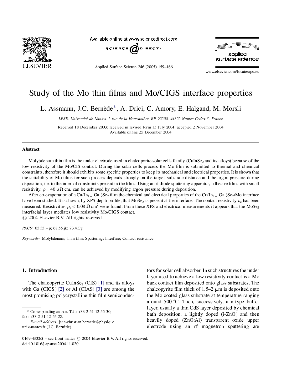 Study of the Mo thin films and Mo/CIGS interface properties