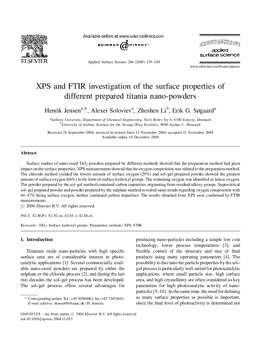 XPS and FTIR investigation of the surface properties of different prepared titania nano-powders