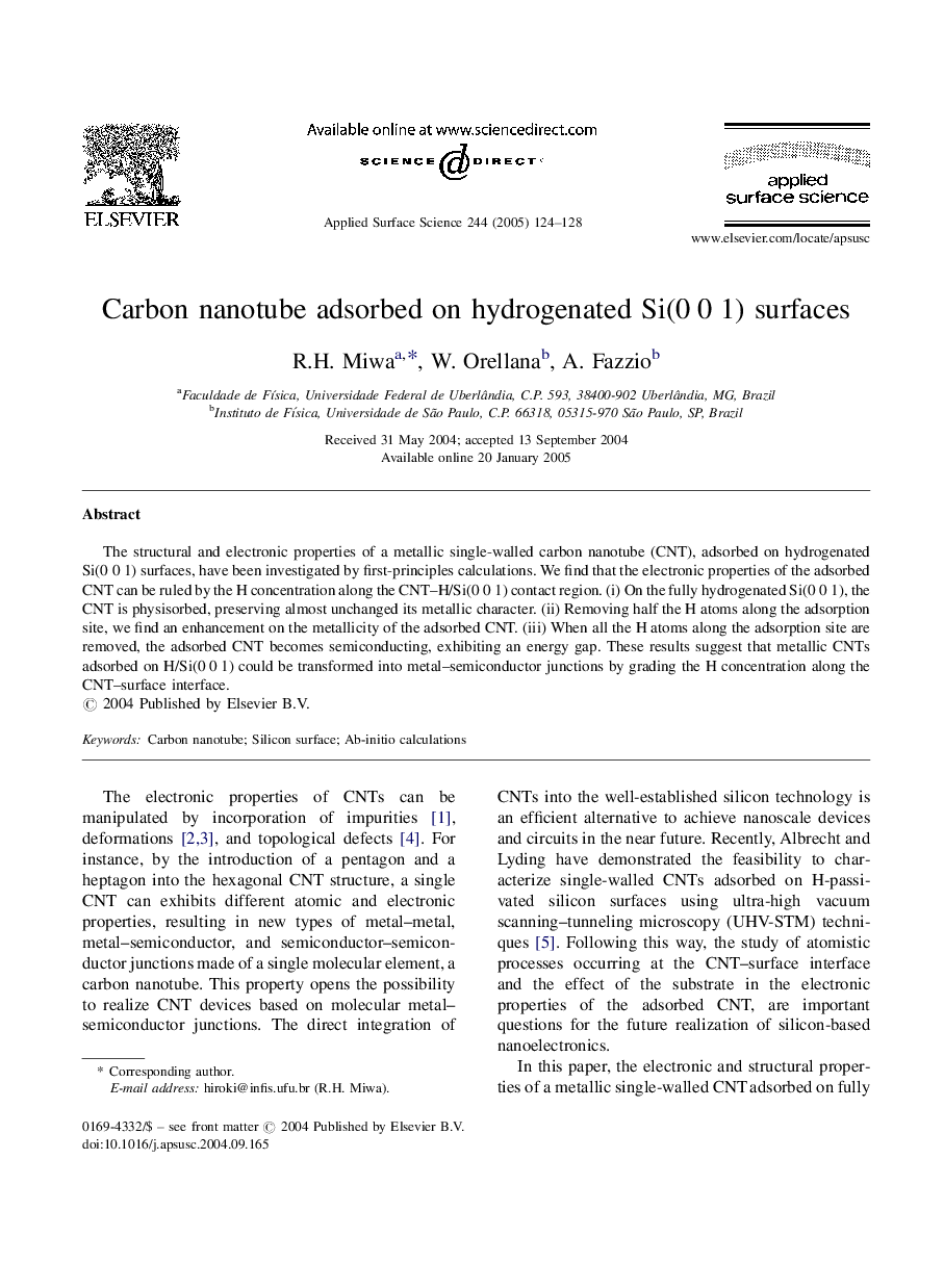 Carbon nanotube adsorbed on hydrogenated Si(0Â 0Â 1) surfaces