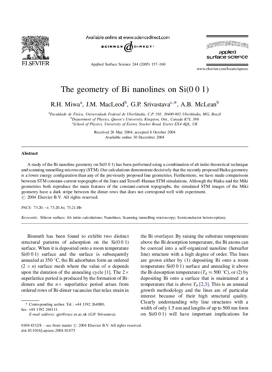 The geometry of Bi nanolines on Si(0Â 0Â 1)