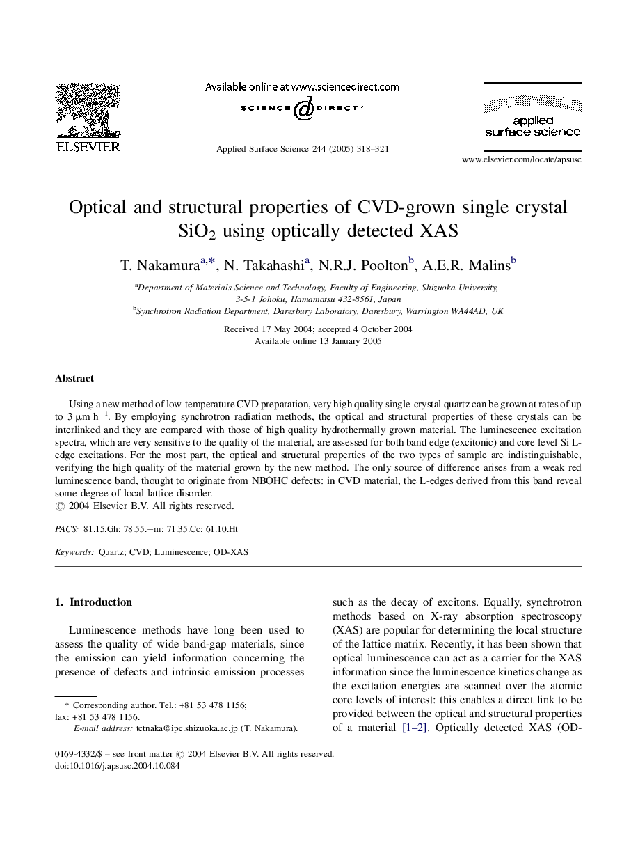 Optical and structural properties of CVD-grown single crystal SiO2 using optically detected XAS