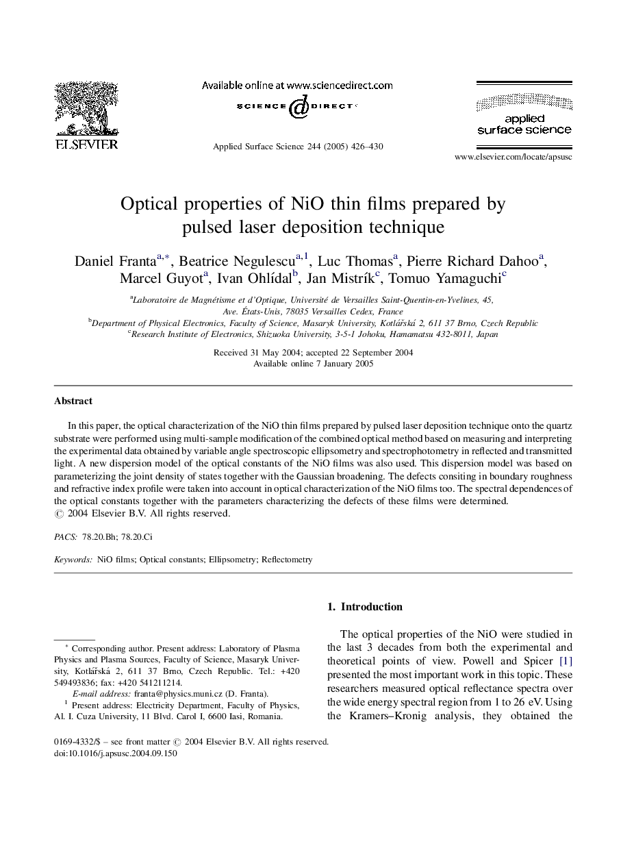 Optical properties of NiO thin films prepared by pulsed laser deposition technique