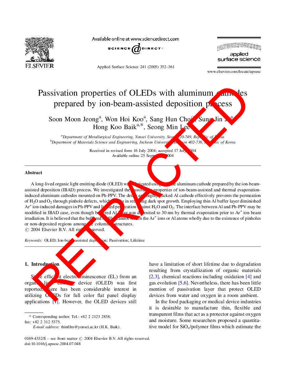 RETRACTED: Passivation properties of OLEDs with aluminum cathodes prepared by ion-beam-assisted deposition process