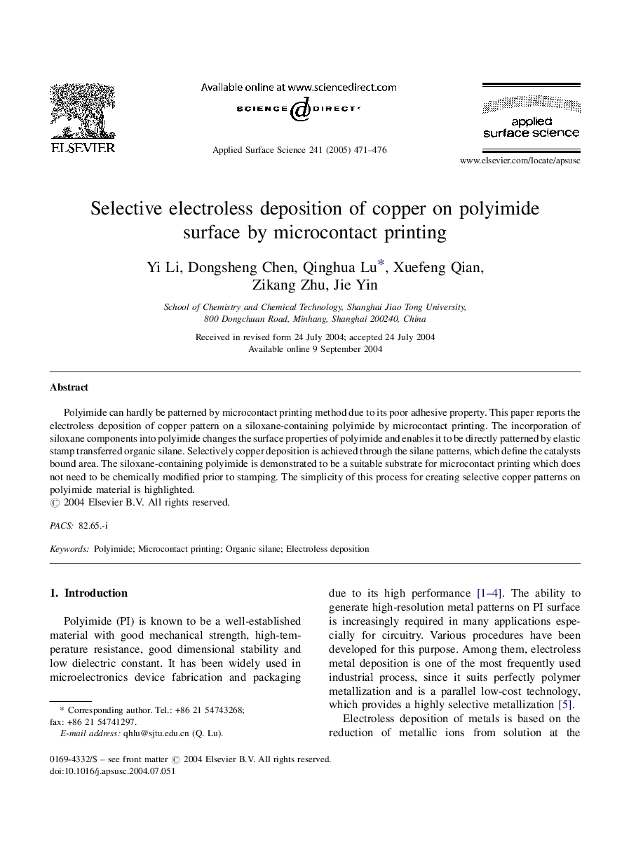 Selective electroless deposition of copper on polyimide surface by microcontact printing