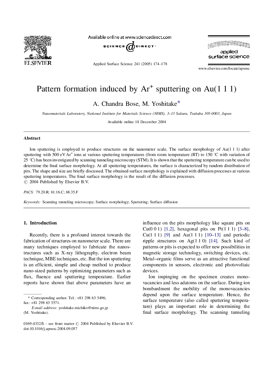 Pattern formation induced by Ar+ sputtering on Au(1Â 1Â 1)