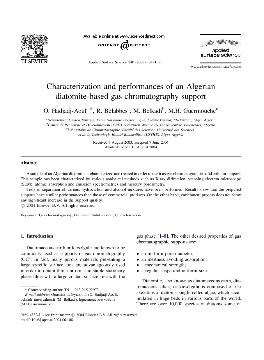 Characterization and performances of an Algerian diatomite-based gas chromatography support