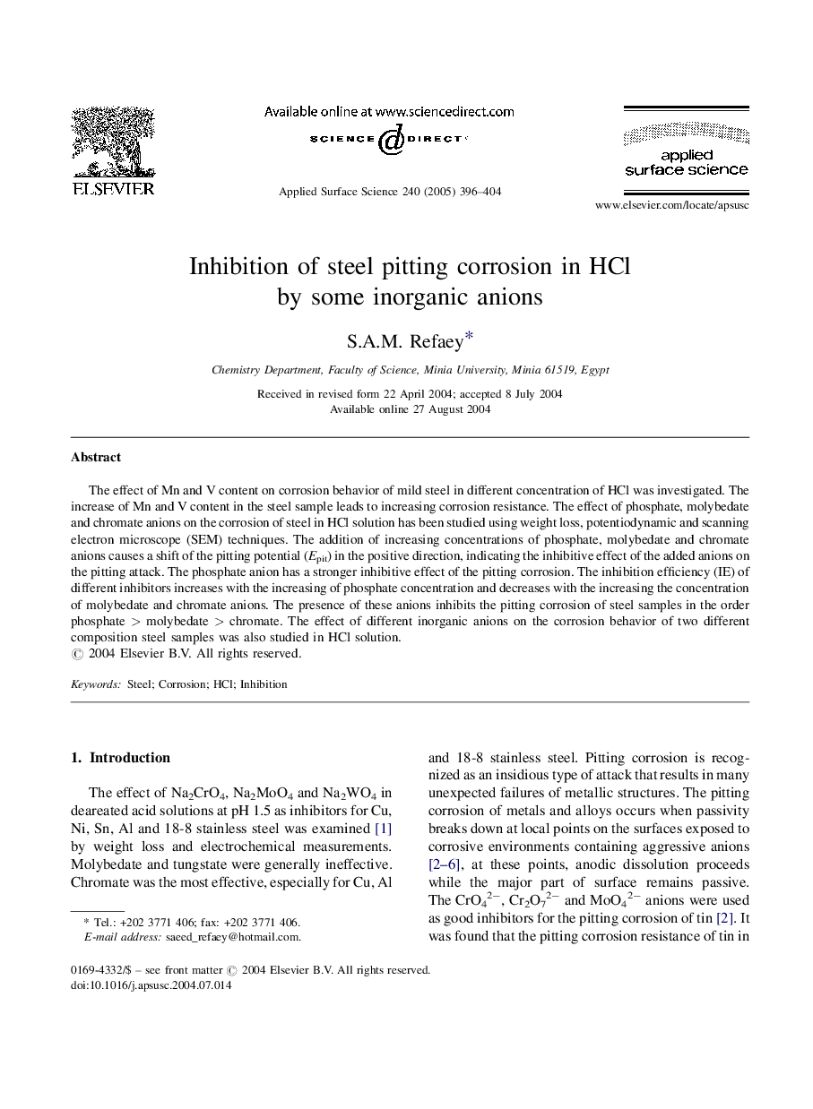 Inhibition of steel pitting corrosion in HCl by some inorganic anions