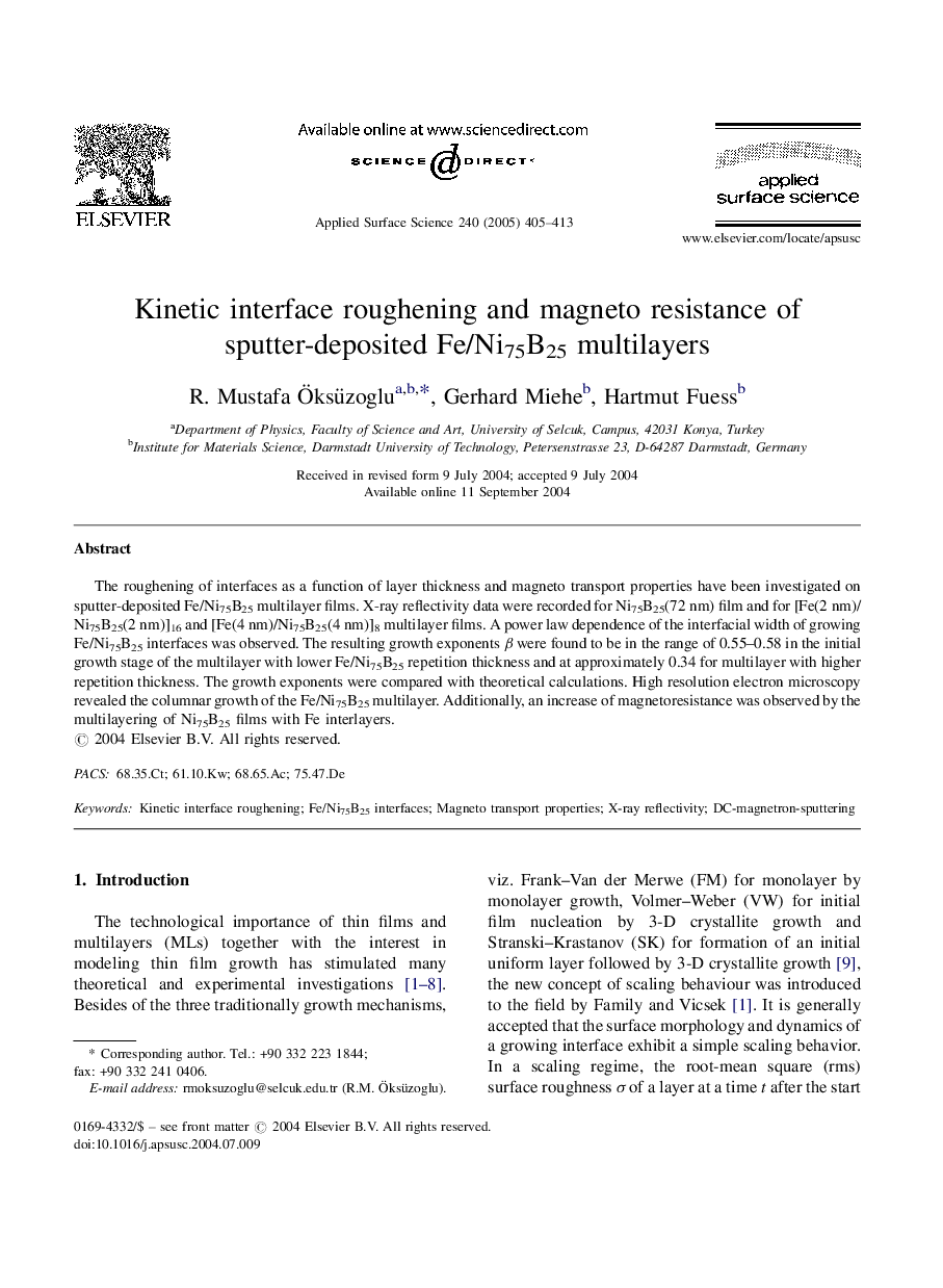 Kinetic interface roughening and magneto resistance of sputter-deposited Fe/Ni75B25 multilayers