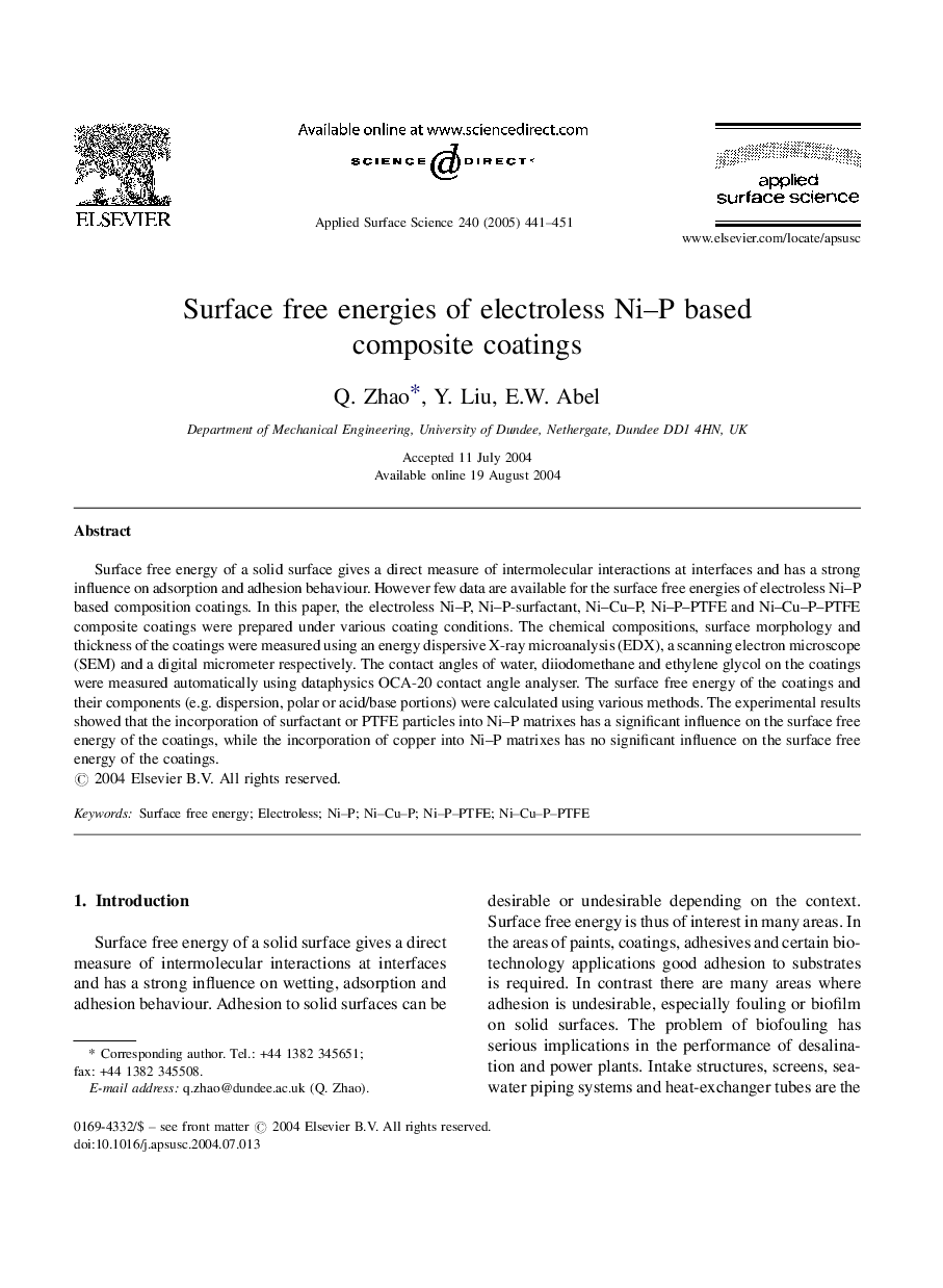 Surface free energies of electroless Ni-P based composite coatings