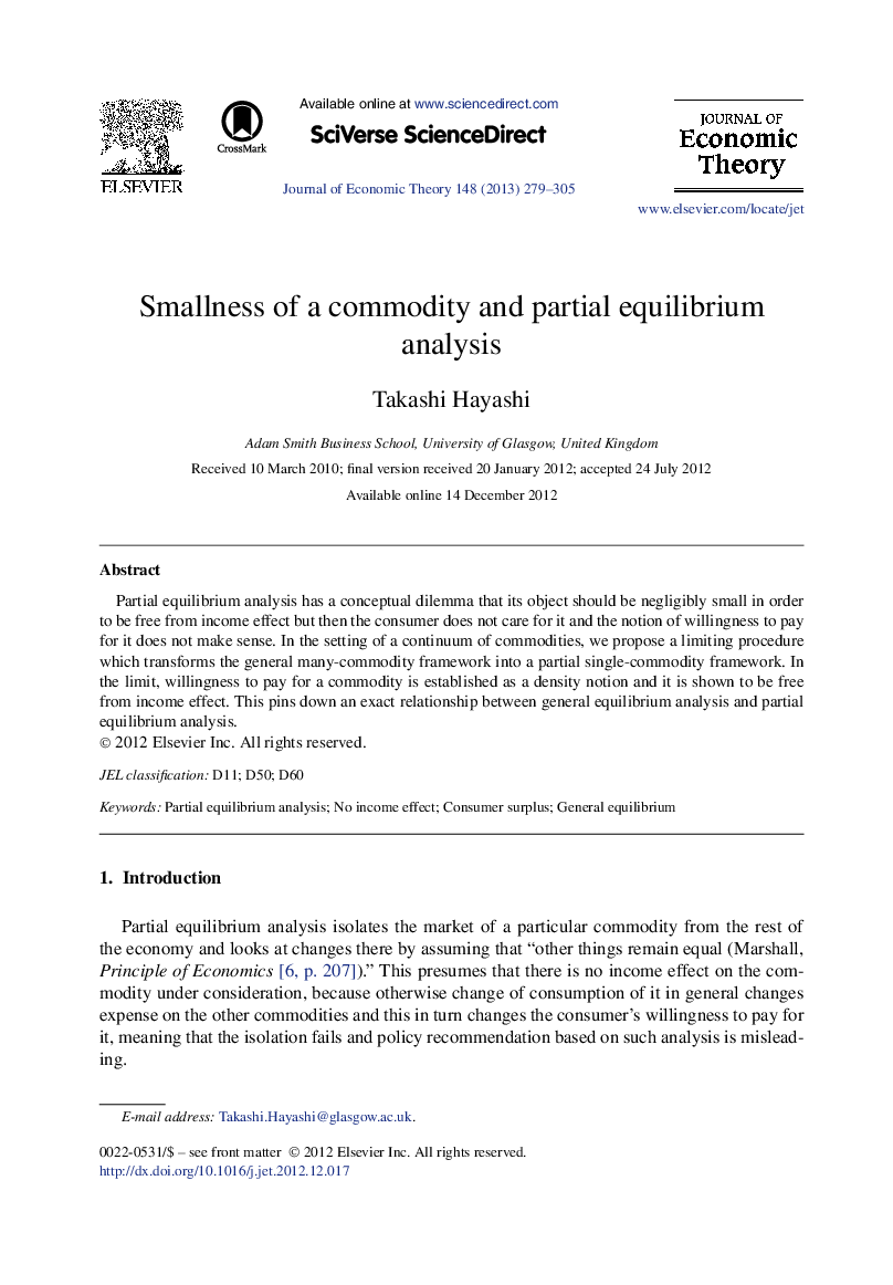 Smallness of a commodity and partial equilibrium analysis