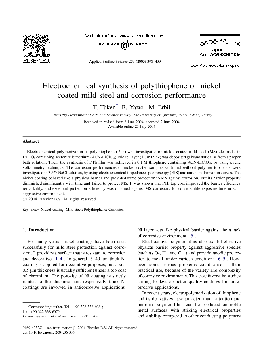 Electrochemical synthesis of polythiophene on nickel coated mild steel and corrosion performance