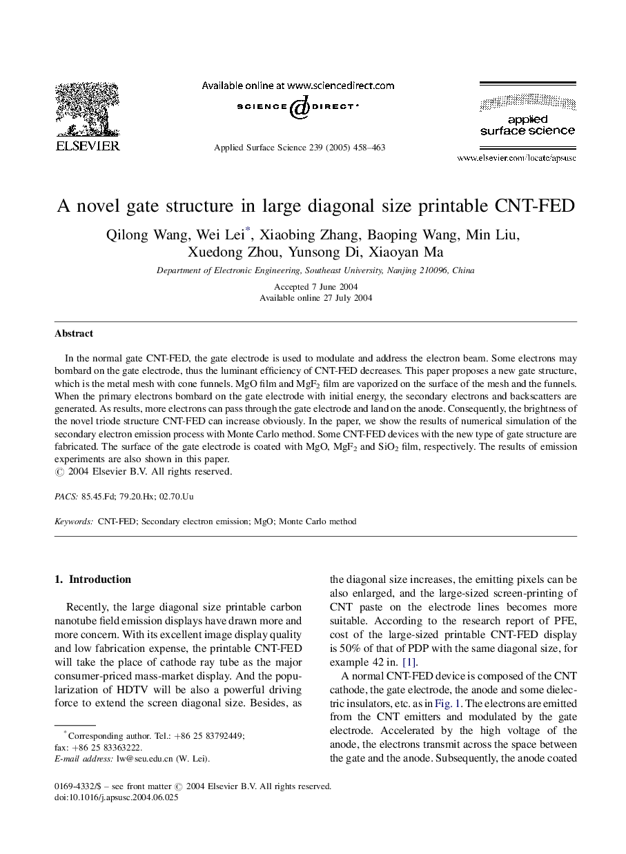 A novel gate structure in large diagonal size printable CNT-FED